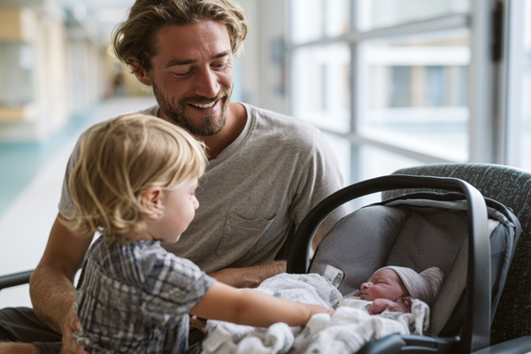 Parent smiling beside a young child as they look at a newborn baby resting in a car seat, symbolizing family, welcoming a new sibling, and newborn care.