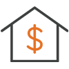 House outline with a dollar sign in the center, symbolizing financial protection for the home, household income, housing costs, or home-related benefits.