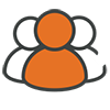 Icon depicting a group of three people. A larger orange person silhouette is centered in the foreground, with two smaller gray-and-white person silhouettes behind on either side. The design represents users, teams, collaboration, or a community of people