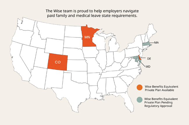 U.S. map showing Wise Benefits paid family and medical leave private plan availability and pending regulatory approval by state.