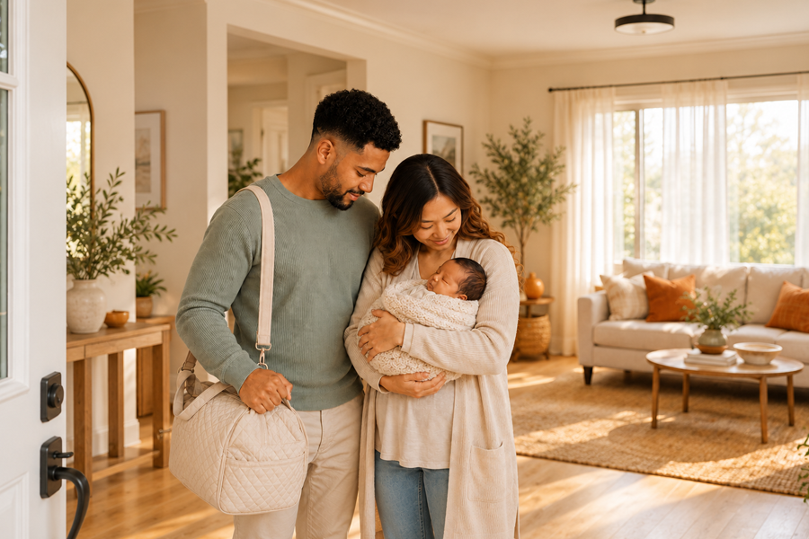 Parents holding their newborn baby in a bright family home
