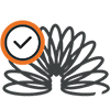 Icon showing a gray coiled spring or slinky-like shape with a circular checkmark badge in the upper left. The badge has an orange outline and contains a gray checkmark, symbolizing flexibility, adaptability, or approved options.