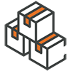 Icon showing three stacked white cubes outlined in gray with orange accent lines, arranged like building blocks. The design represents products, modular components, customization, or building solutions from multiple parts.