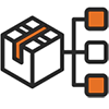 Minimalist technology alignment icon featuring two orange square nodes connected by a bent orange line on a transparent background. The design suggests system integration, connectivity, alignment, or coordinated technology components.