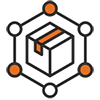 Icon showing three orange circular nodes arranged in a triangular pattern around a central gray-and-orange connector shape. The design represents full-service administration, coordination, centralized management, or connecting multiple functions through a single service point.