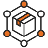 Icon showing three orange circular nodes arranged in a triangular pattern around a central gray-and-orange connector shape. The design represents full-service administration, coordination, centralized management, or connecting multiple functions through a single service point.