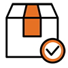 Icon showing a simplified orange product box above a circular badge with an orange border and a gray checkmark. The design represents a product-only offering, approved product selection, or a standalone product solution.